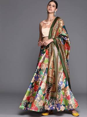 Peach Digital Floral Print Satin Silk Fabric Semistitched Lehenga Choli With Jequared Unstitched Blouse with Dupatta 2