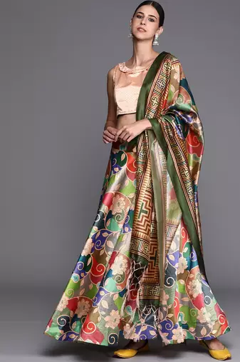 Peach Digital Floral Print Satin Silk Fabric Semistitched Lehenga Choli With Jequared Unstitched Blouse with Dupatta