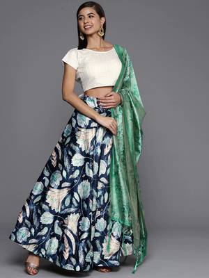 Cream Digital Floral Print Satin Silk Fabric Semistitched Lehenga Choli With Jequared Unstitched Blouse with Dupatta 1