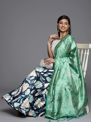 Cream Digital Floral Print Satin Silk Fabric Semistitched Lehenga Choli With Jequared Unstitched Blouse with Dupatta 3