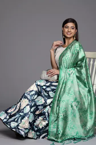 Cream Digital Floral Print Satin Silk Fabric Semistitched Lehenga Choli With Jequared Unstitched Blouse with Dupatta
