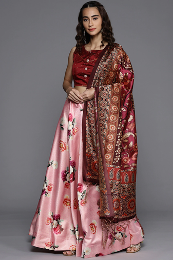 Maroon Digital Floral Print Satin Silk Fabric Semistitched Lehenga Choli With Jequared Unstitched Blouse with Dupatta