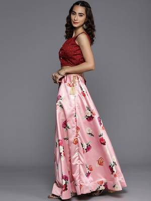 Maroon Digital Floral Print Satin Silk Fabric Semistitched Lehenga Choli With Jequared Unstitched Blouse with Dupatta 3