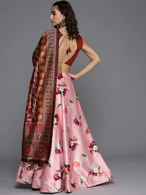 Maroon Digital Floral Print Satin Silk Fabric Semistitched Lehenga Choli With Jequared Unstitched Blouse with Dupatta 4
