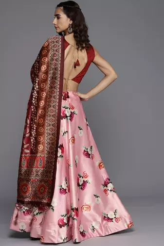 Maroon Digital Floral Print Satin Silk Fabric Semistitched Lehenga Choli With Jequared Unstitched Blouse with Dupatta