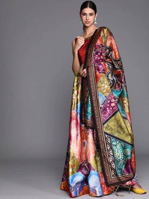 multicolor Digital Floral Print Satin Silk Lehenga Choli with Dupatta 1