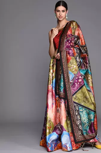 multicolor Digital Floral Print Satin Silk Lehenga Choli with Dupatta
