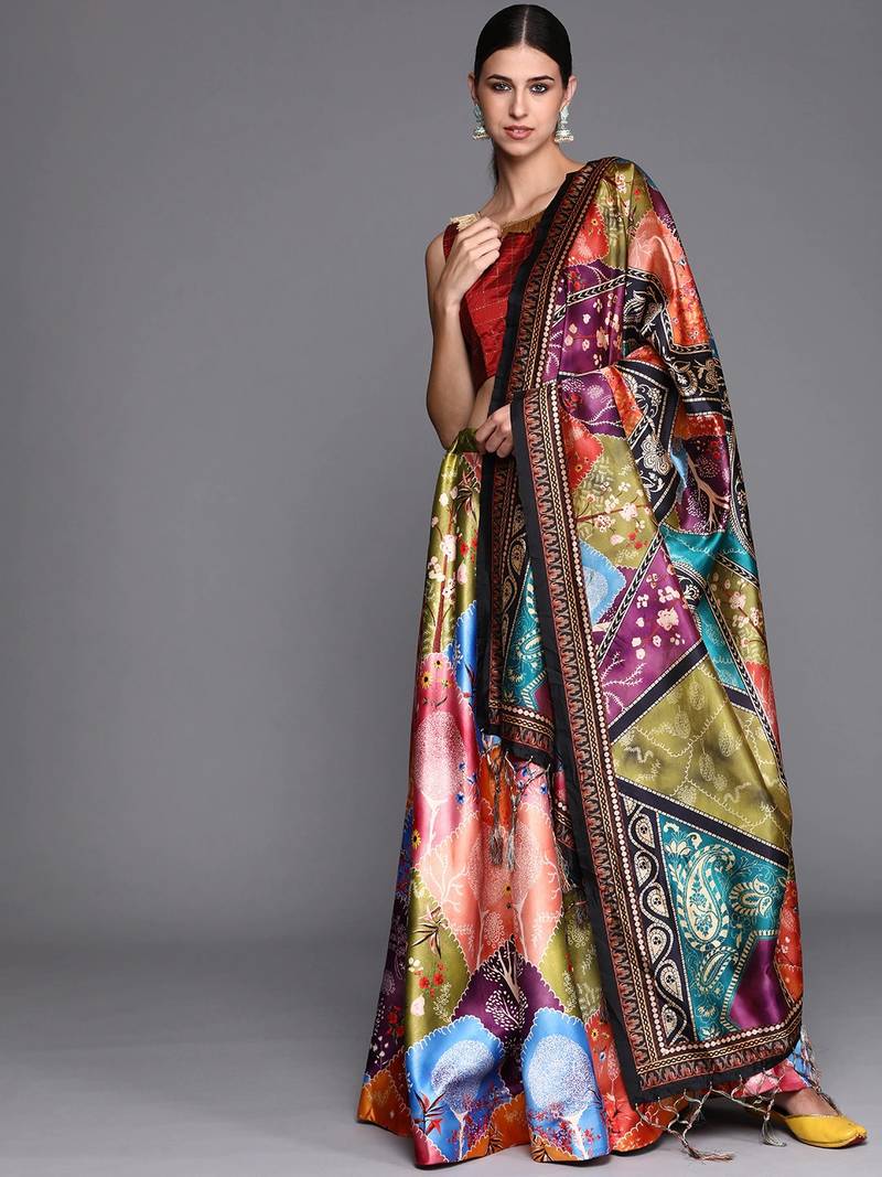multicolor Digital Floral Print Satin Silk Lehenga Choli with Dupatta