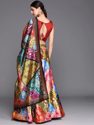 multicolor Digital Floral Print Satin Silk Lehenga Choli with Dupatta 2