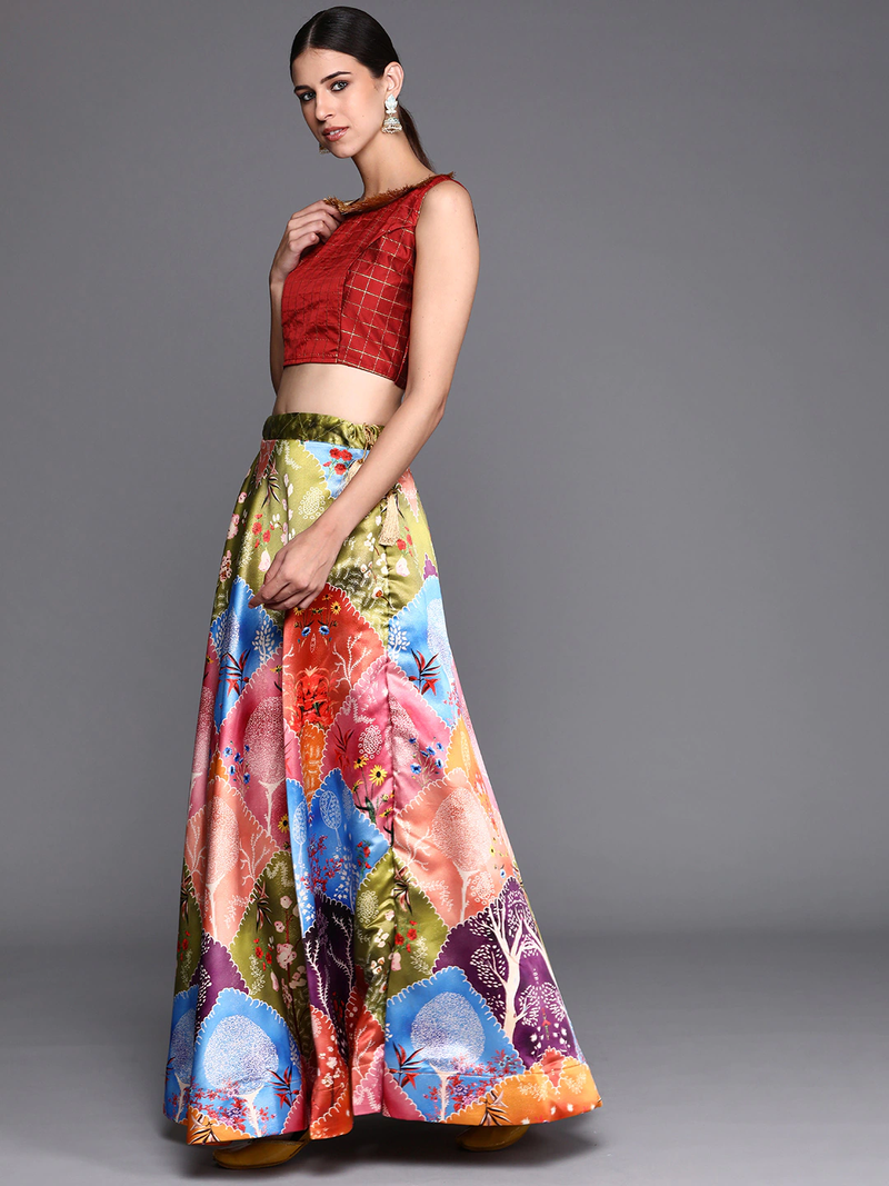 multicolor Digital Floral Print Satin Silk Lehenga Choli with Dupatta