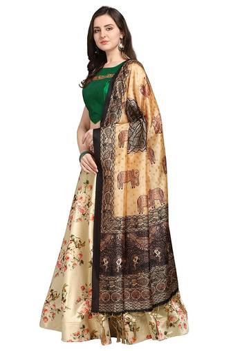 Green Digital Floral Print Satin Silk Fabric Semistitched Lehenga Choli With Jequared Unstitched Blouse with Dupatta