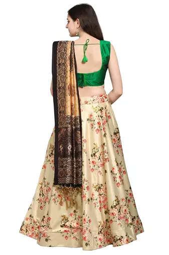 Green Digital Floral Print Satin Silk Fabric Semistitched Lehenga Choli With Jequared Unstitched Blouse with Dupatta