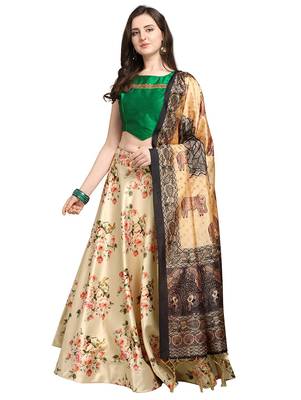 Green Digital Floral Print Satin Silk Fabric Semistitched Lehenga Choli With Jequared Unstitched Blouse with Dupatta 3