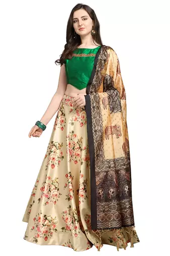 Green Digital Floral Print Satin Silk Fabric Semistitched Lehenga Choli With Jequared Unstitched Blouse with Dupatta
