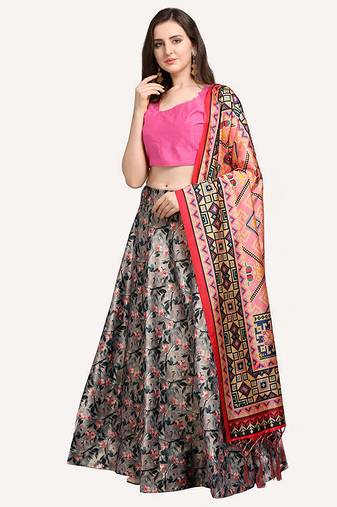 grey digital floral print satin silk lehenga choli with dupatta