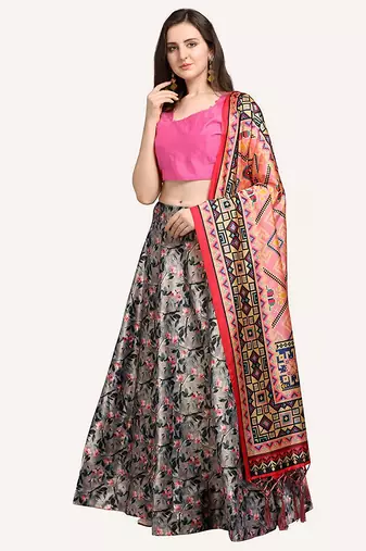 grey digital floral print satin silk lehenga choli with dupatta