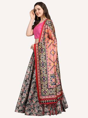 grey digital floral print satin silk lehenga choli with dupatta 2
