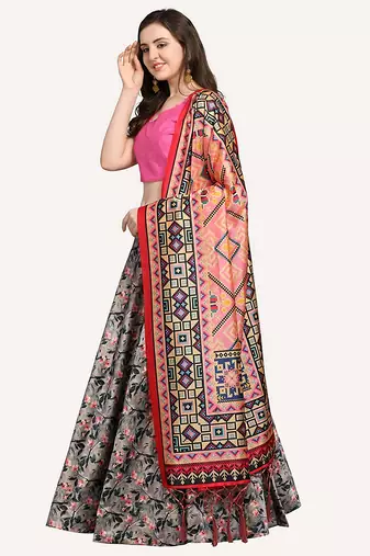 grey digital floral print satin silk lehenga choli with dupatta