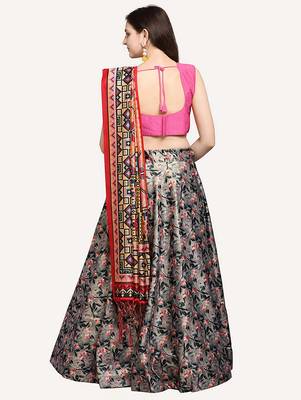grey digital floral print satin silk lehenga choli with dupatta 3