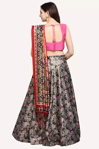 grey digital floral print satin silk lehenga choli with dupatta