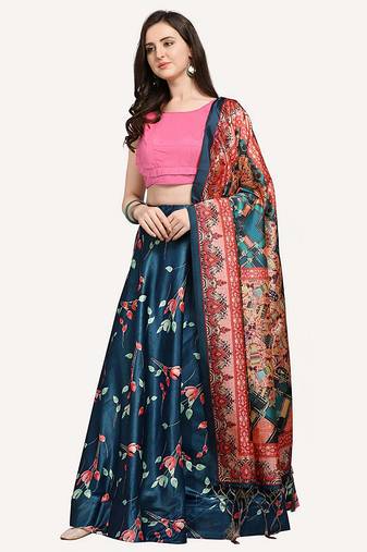 teal digital floral print satin silk lehenga choli with dupatta