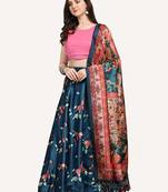 teal digital floral print satin silk lehenga choli with dupatta