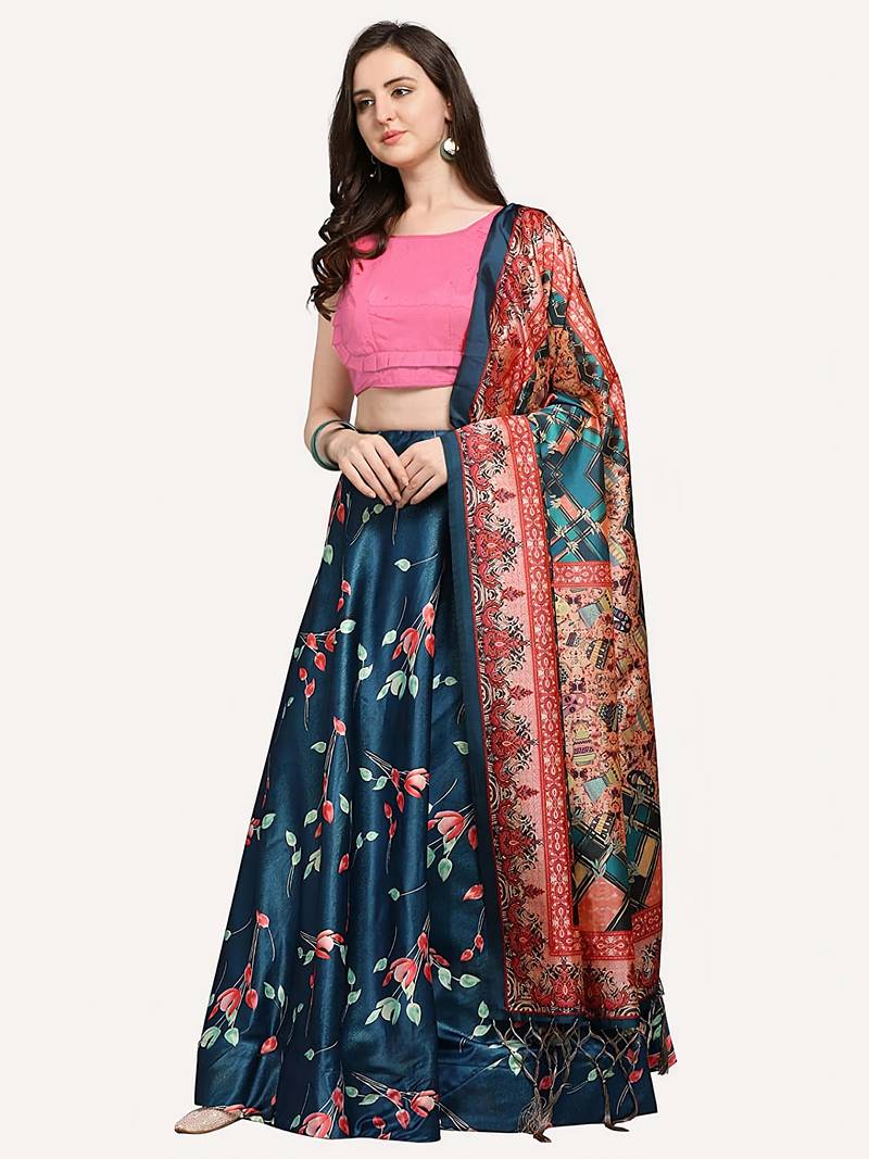 teal digital floral print satin silk lehenga choli with dupatta