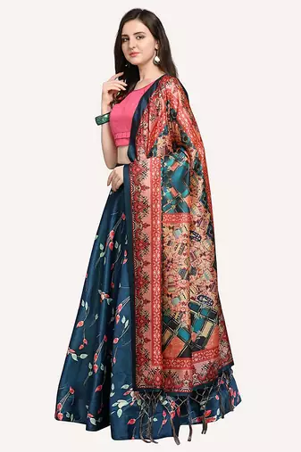 teal digital floral print satin silk lehenga choli with dupatta