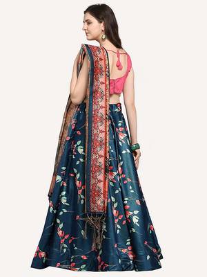 teal digital floral print satin silk lehenga choli with dupatta 3
