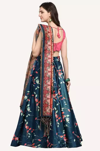 teal digital floral print satin silk lehenga choli with dupatta