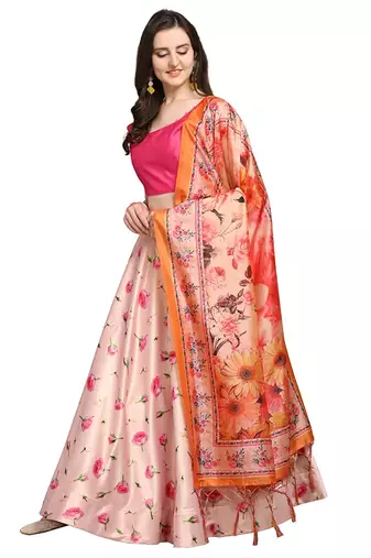 Pink Digital Floral Print Satin Silk lehenga Choli With Dupatta