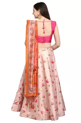 Pink Digital Floral Print Satin Silk lehenga Choli With Dupatta