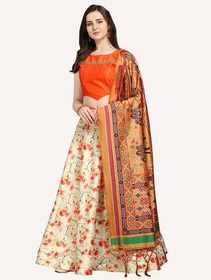 off white digital floral print satin silk lehenga choli with dupatta 1