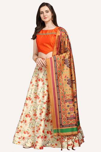 off white digital floral print satin silk lehenga choli with dupatta
