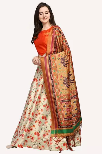off white digital floral print satin silk lehenga choli with dupatta