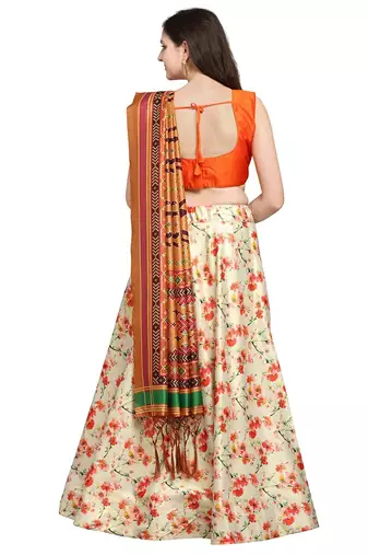 off white digital floral print satin silk lehenga choli with dupatta