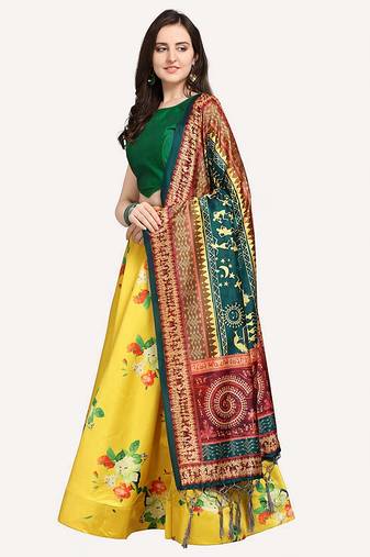 yellow digital floral print satin silk lehenga choli with dupatta