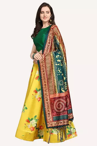 yellow digital floral print satin silk lehenga choli with dupatta
