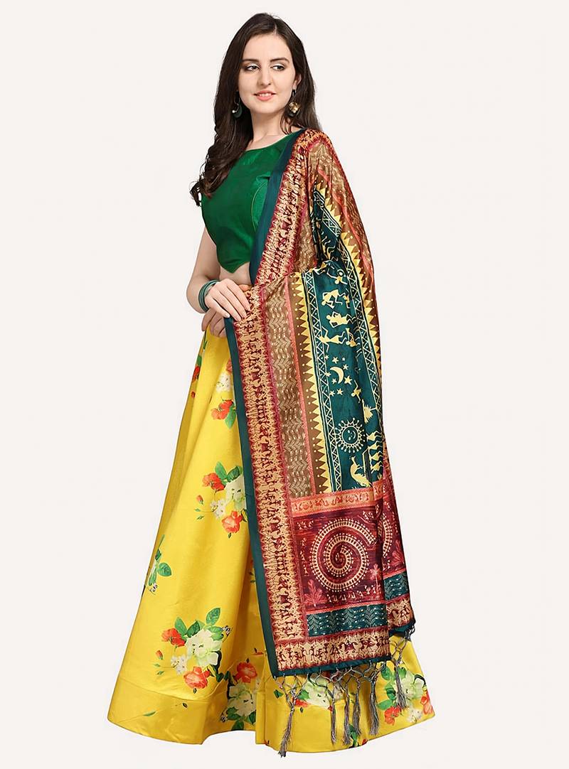 yellow digital floral print satin silk lehenga choli with dupatta