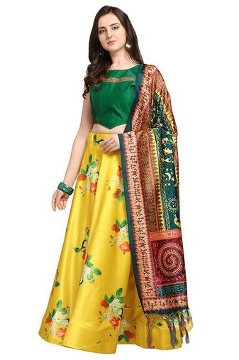 Green Digital Floral Print Satin Silk Fabric Semistitched Lehenga Choli With Jequared Unstitched Blouse with Dupatta