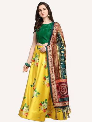 yellow digital floral print satin silk lehenga choli with dupatta 2