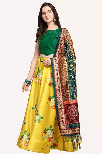 yellow digital floral print satin silk lehenga choli with dupatta