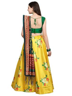 yellow digital floral print satin silk lehenga choli with dupatta 3