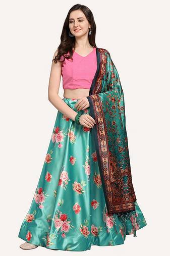 Pink Digital Floral Print Satin Silk Fabric Semistitched Lehenga Choli With Jequared Unstitched Blouse with Dupatta