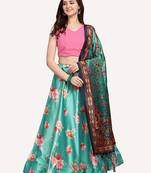 Pink Digital Floral Print Satin Silk Fabric Semistitched Lehenga Choli With Jequared Unstitched Blouse with Dupatta