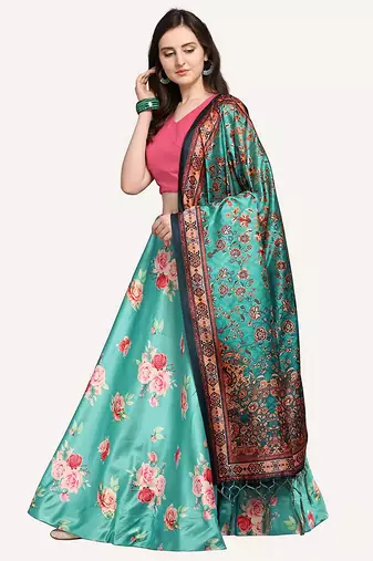 Pink Digital Floral Print Satin Silk Fabric Semistitched Lehenga Choli With Jequared Unstitched Blouse with Dupatta