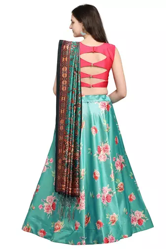 Pink Digital Floral Print Satin Silk Fabric Semistitched Lehenga Choli With Jequared Unstitched Blouse with Dupatta