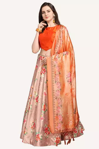 Orange digital floral print satin silk lehenga choli with dupatta