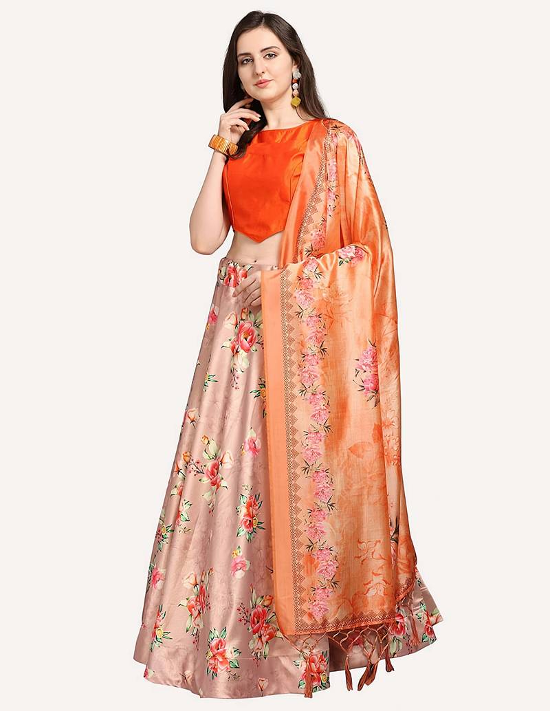 Orange digital floral print satin silk lehenga choli with dupatta
