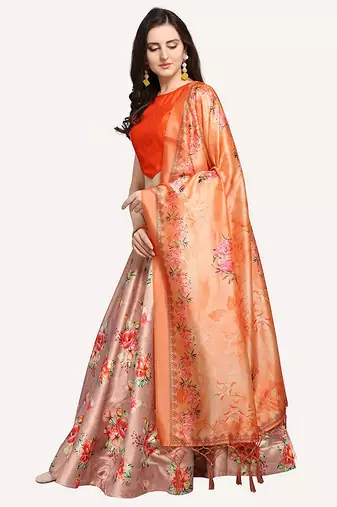 Orange digital floral print satin silk lehenga choli with dupatta